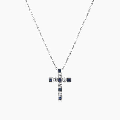 Blue Sapphire White Diamond 18K White Gold Cross Pendant Necklace