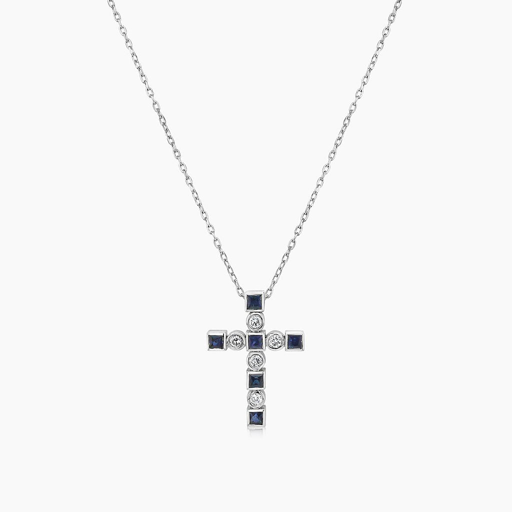 Blue Sapphire White Diamond 18K White Gold Cross Pendant Necklace