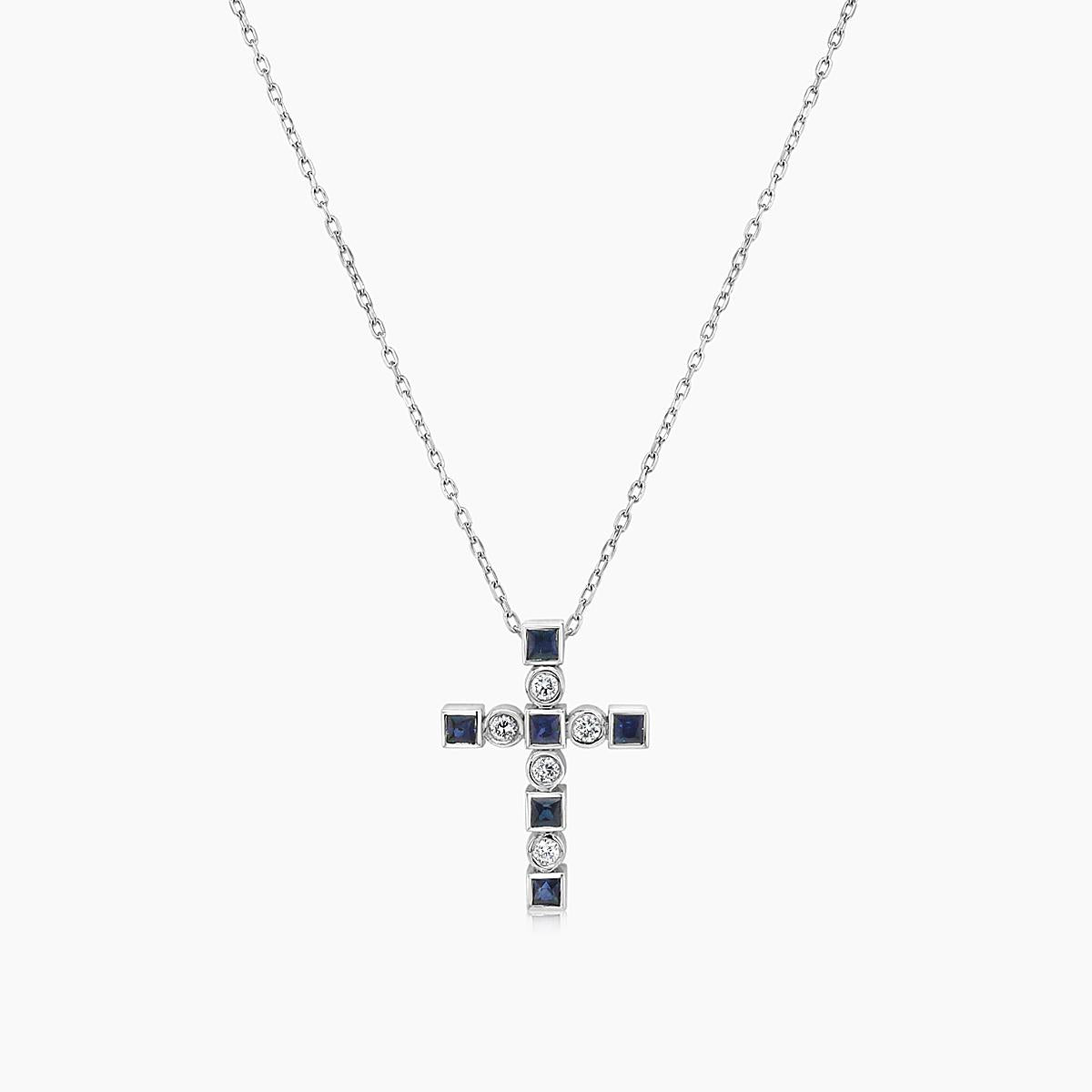 Blue Sapphire White Diamond 18K White Gold Cross Pendant Necklace