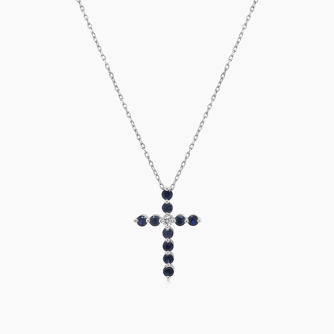 Blue Sapphire White Diamond 18K White Gold Cross Pendant Necklace
