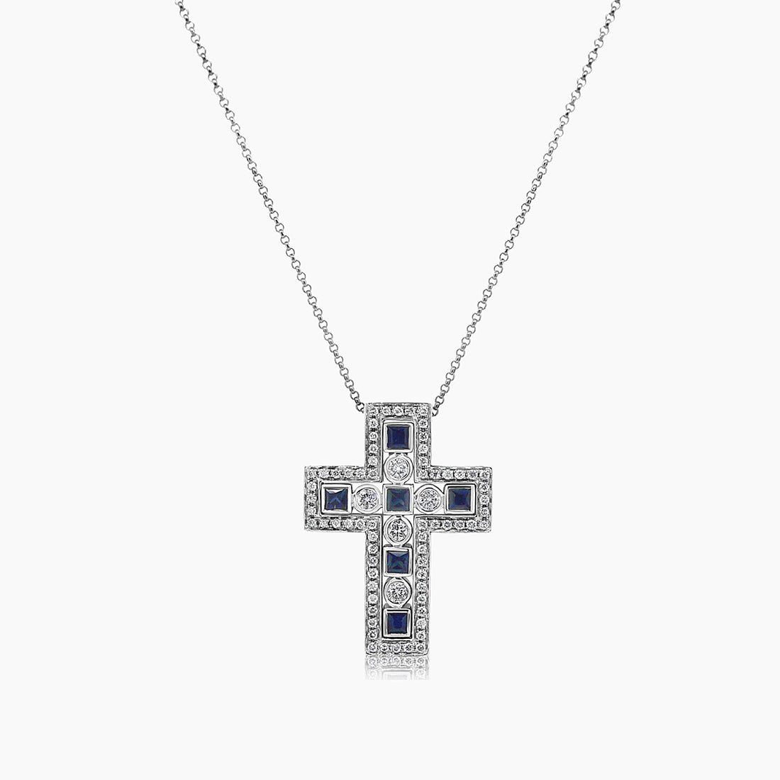 Blue Sapphire White Diamond 18K White Gold Cross Pendant Necklace