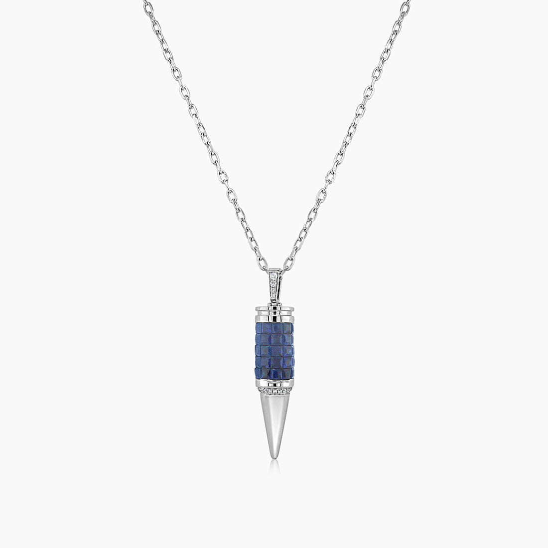 Invisible Blue Sapphire & Diamond 18K White Gold Bullet Rocket Pendant Necklace