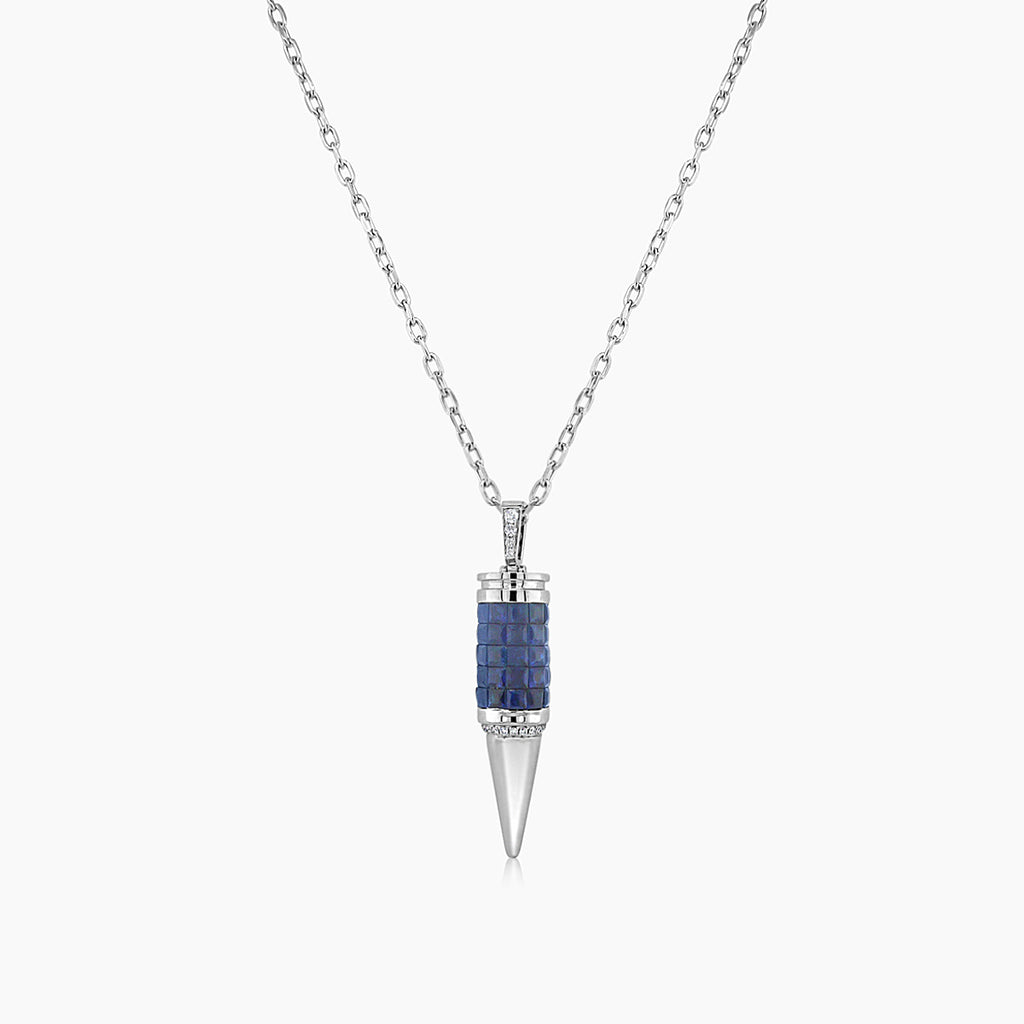 Invisible Blue Sapphire & Diamond 18K White Gold Bullet Rocket Pendant Necklace