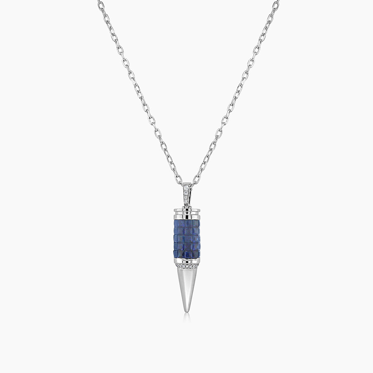 Invisible Blue Sapphire & Diamond 18K White Gold Bullet Rocket Pendant Necklace