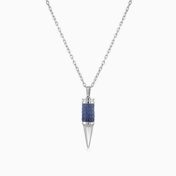 Invisible Blue Sapphire & Diamond 18K White Gold Bullet Rocket Pendant Necklace