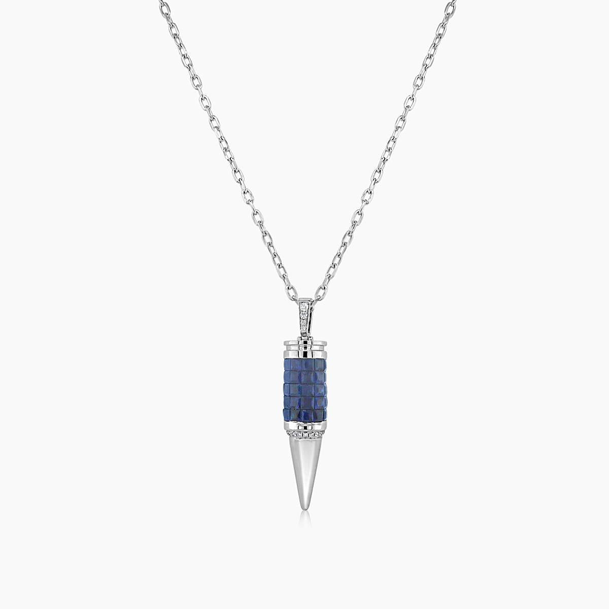 Invisible Blue Sapphire & Diamond 18K White Gold Bullet Rocket Pendant Necklace