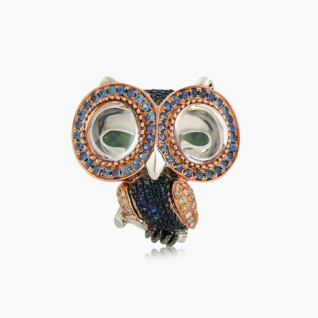 Owl Bird Blue Sapphire Diamond Crystal & Garnet 18K Rose Gold Ring