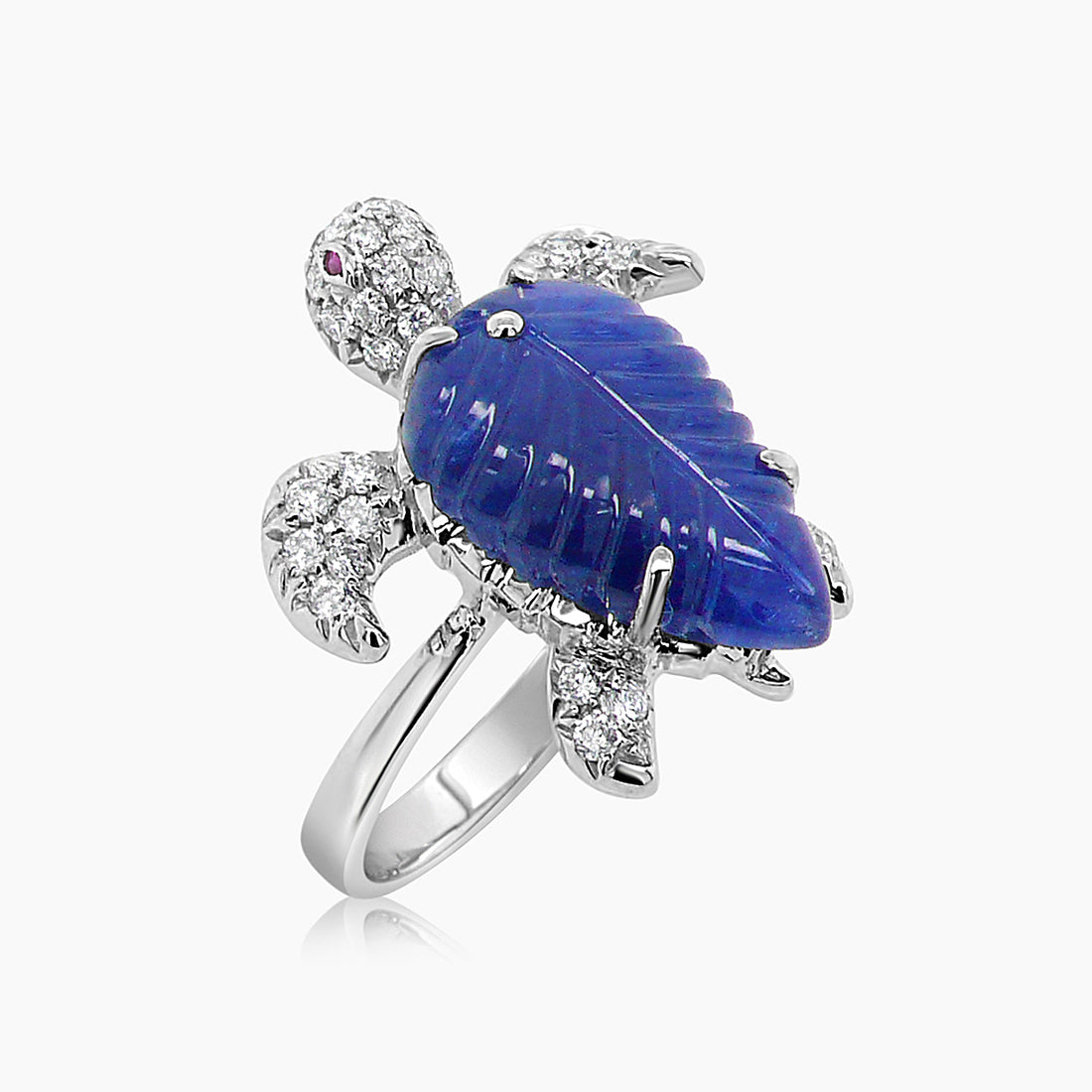 Turtle Blue Sapphire & White Diamond & Ruby 18K White Gold Animal Ring