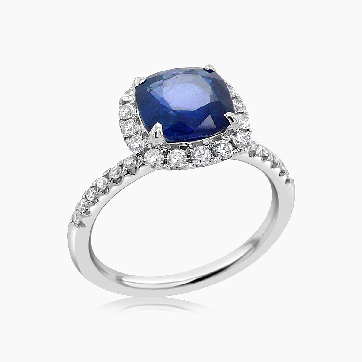 Cushion Shape Blue Sapphire &amp; White Diamond Halo 18K White Gold Ring