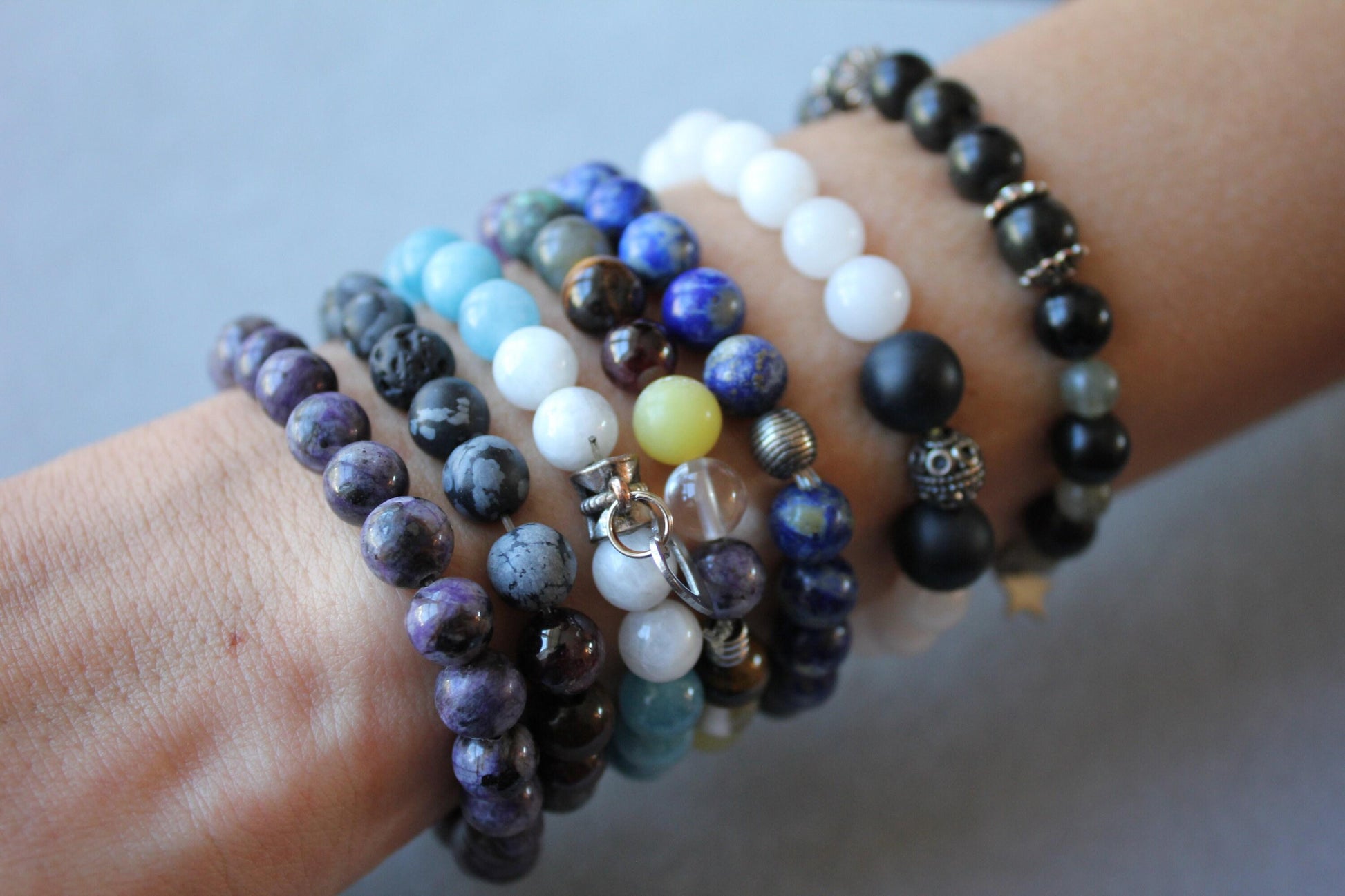 Blue White Agate Round Bead Stretchy Unique Statement Circle Beads Chakra Bracel