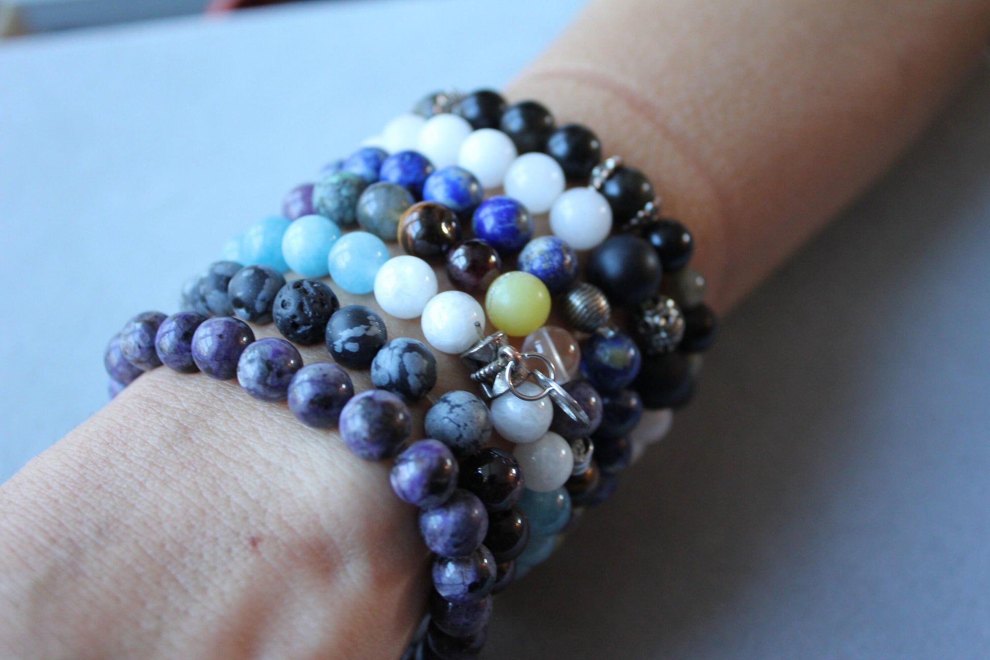 Blue White Agate Round Bead Stretchy Unique Statement Circle Beads Chakra Bracel