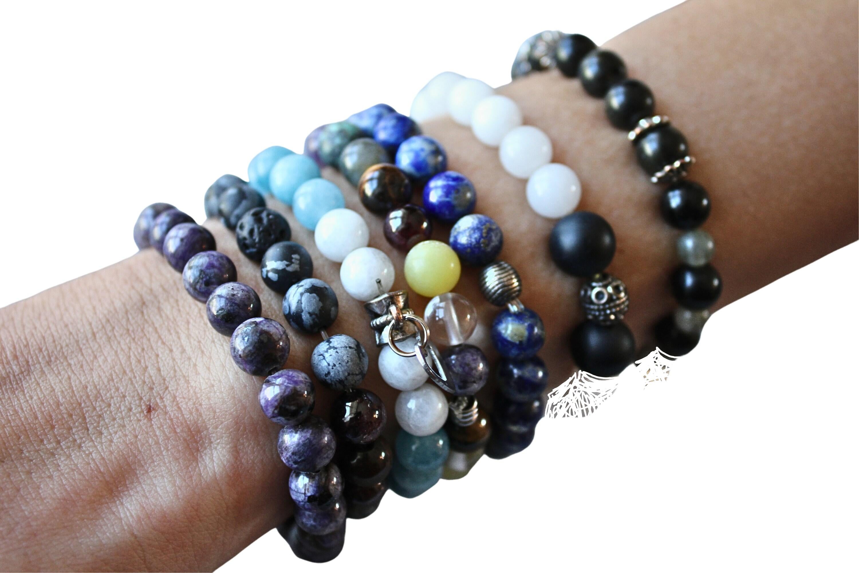 Black Agate Grey Earth Gemstones Round Bead Stretchy Unique Statement Circle Bea