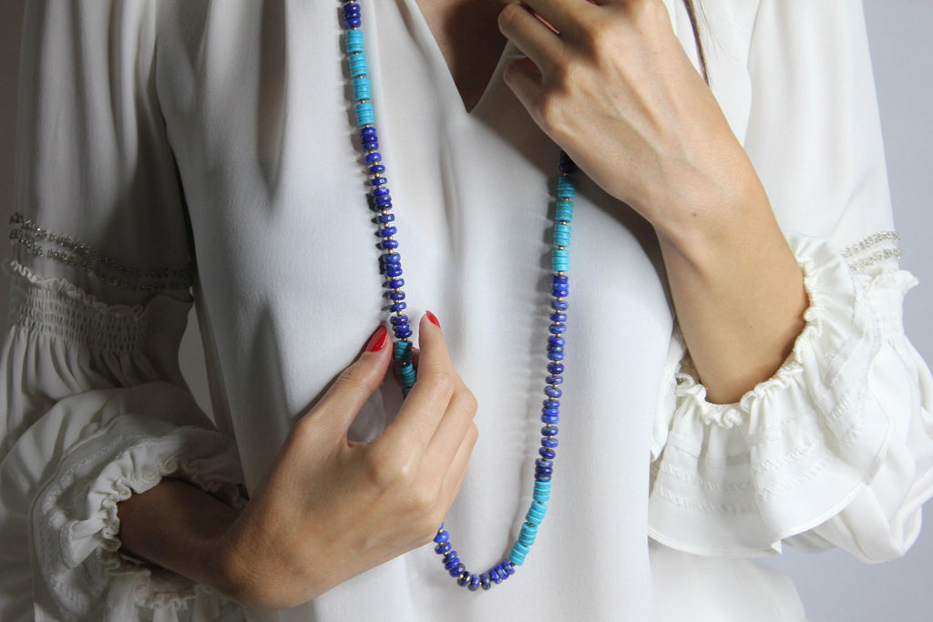 Blue Lapis Lazuli Turquoise Tumble Beads 14K Yellow Gold Bead Long Necklace