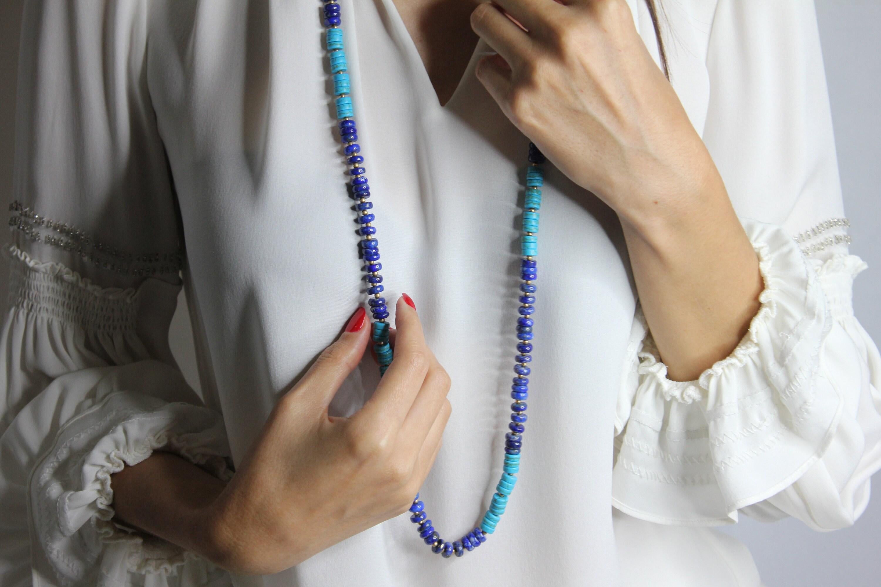 Blue Lapis Lazuli Turquoise Tumble Beads 14K Yellow Gold Bead Long Necklace