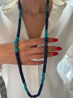 Blue Lapis Lazuli Turquoise Tumble Beads 14K Yellow Gold Bead Long Necklace