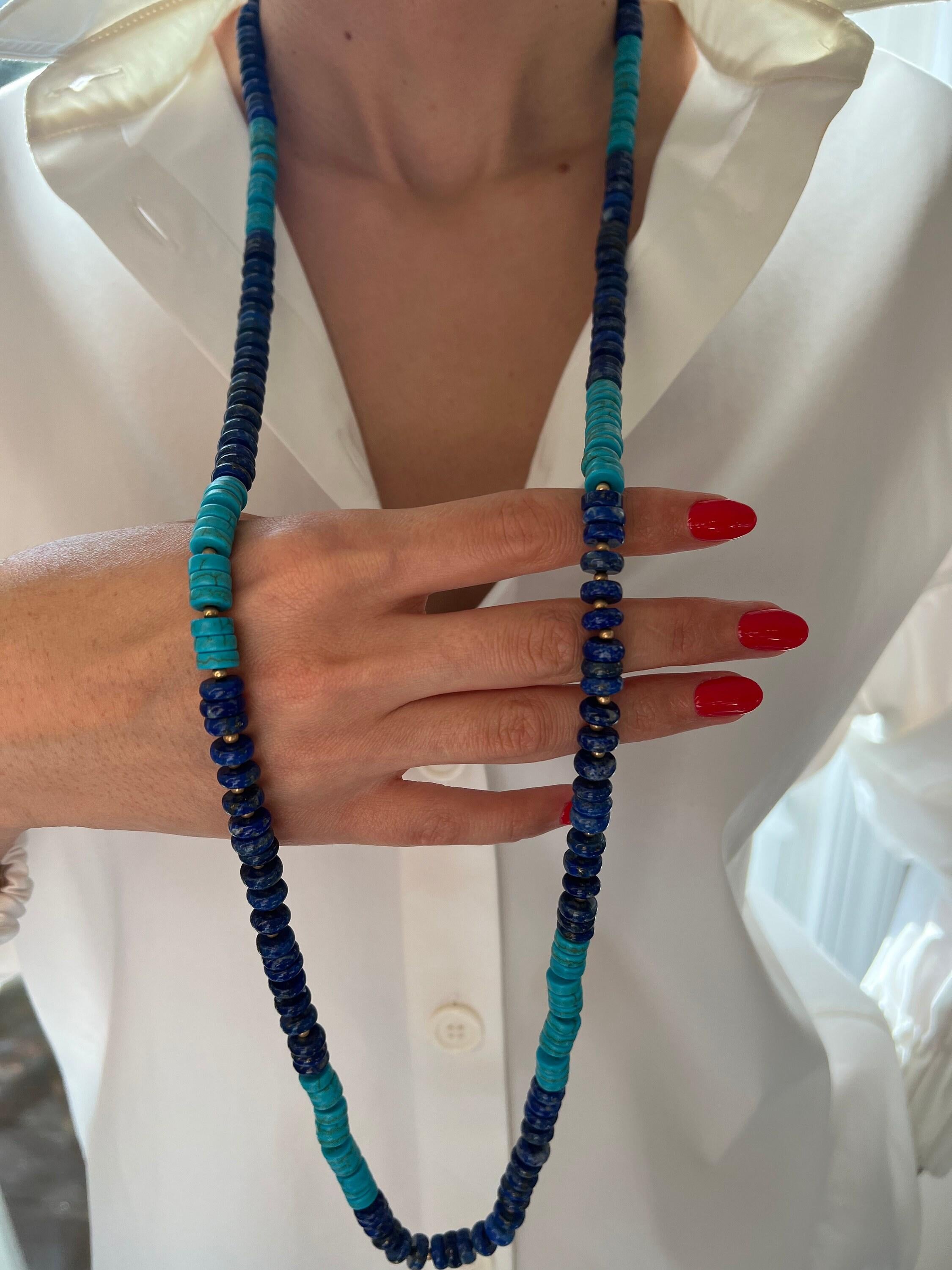 Blue Lapis Lazuli Turquoise Tumble Beads 14K Yellow Gold Bead Long Necklace