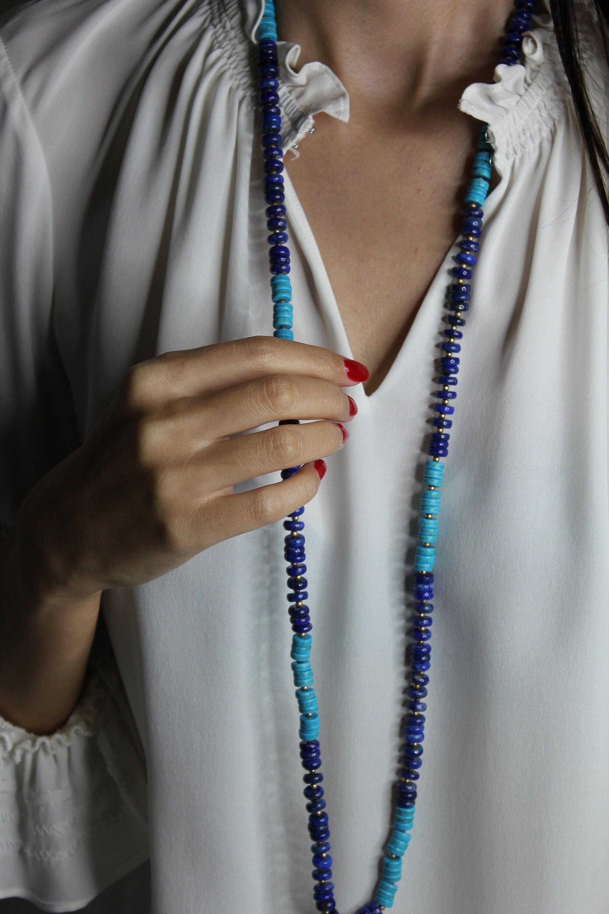 Blue Lapis Lazuli Turquoise Tumble Beads 14K Yellow Gold Bead Long Necklace