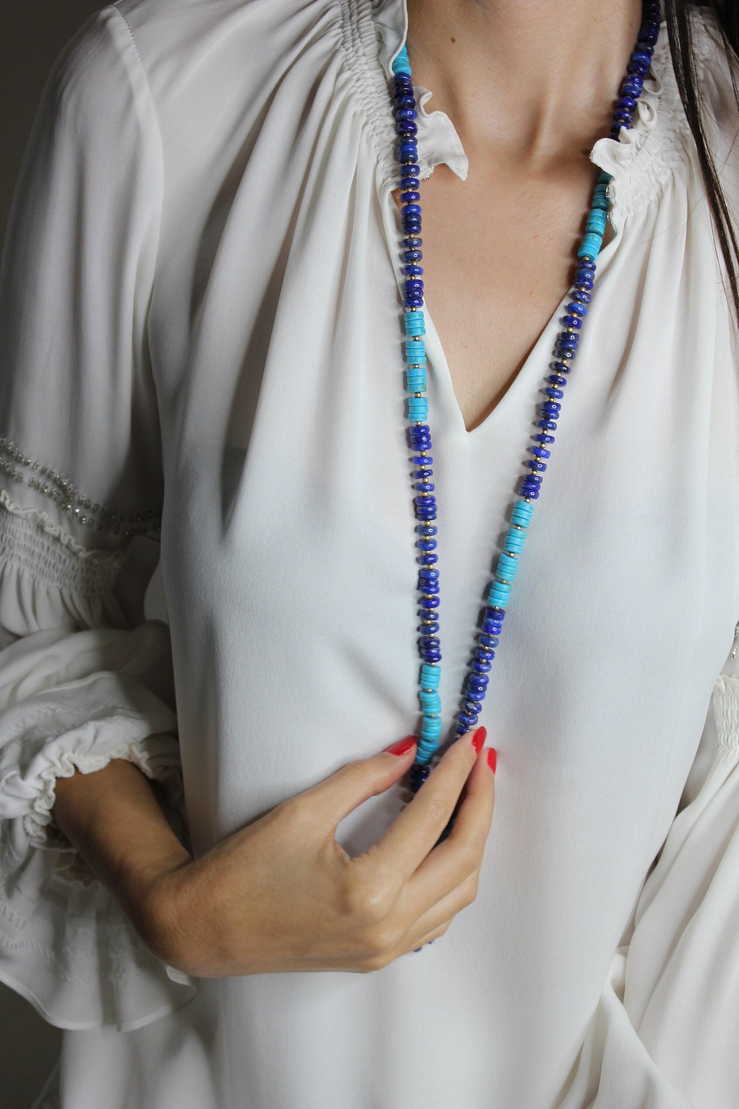 Blue Lapis Lazuli Turquoise Tumble Beads 14K Yellow Gold Bead Long Necklace