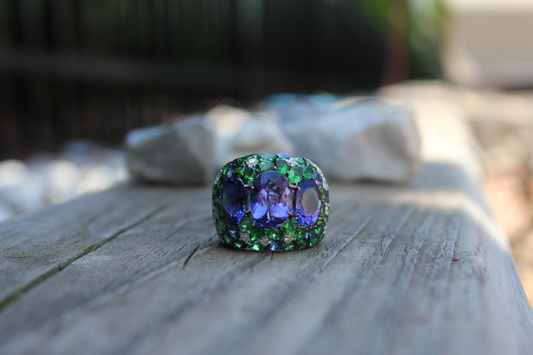 Blue Oval Tanzanite Tsavorite Diamond Pave Sapphire Dome 18K White Gold Ring
