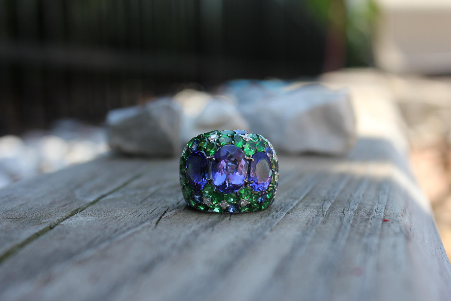 Blue Oval Tanzanite Tsavorite Diamond Pave Sapphire Dome 18K White Gold Ring