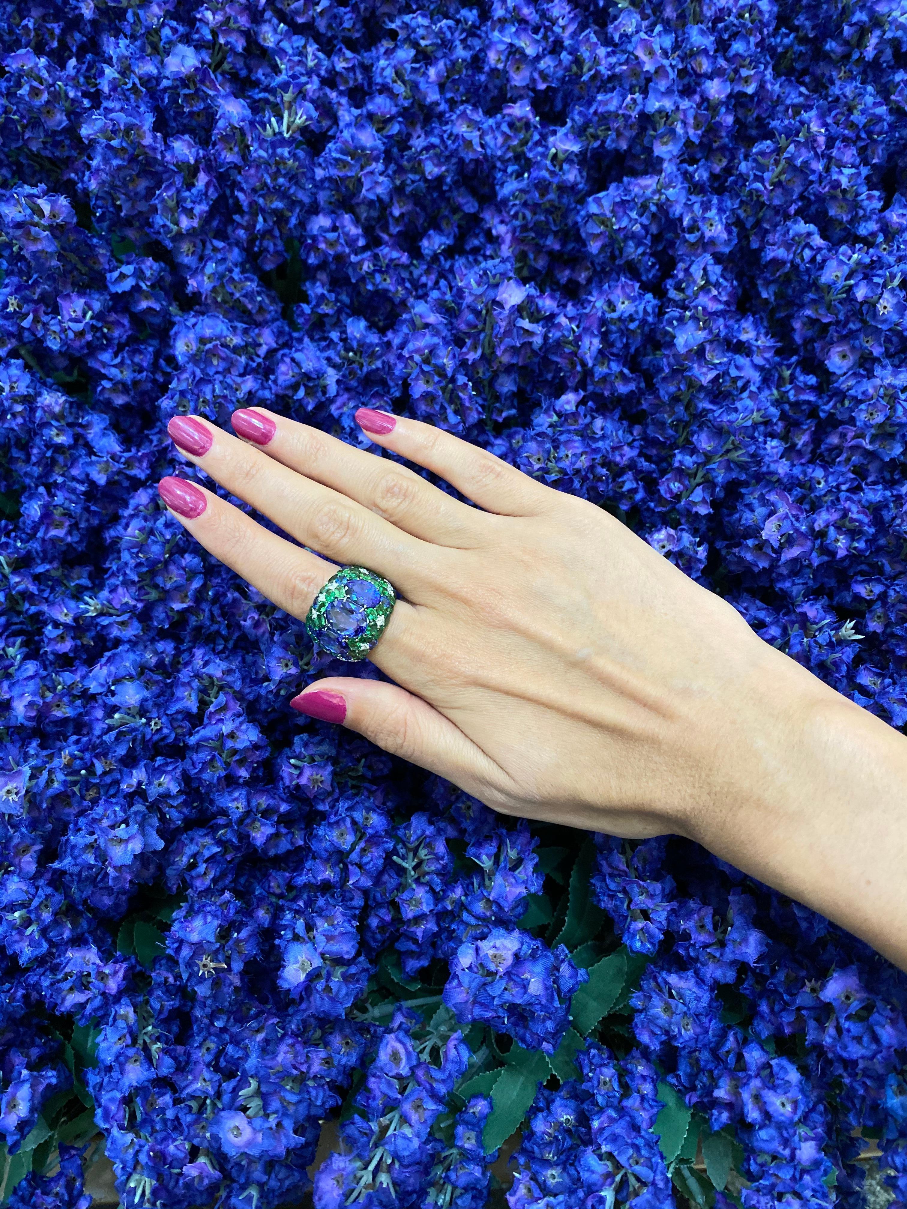 Blue Oval Tanzanite Tsavorite Diamond Pave Sapphire Dome 18K White Gold Ring