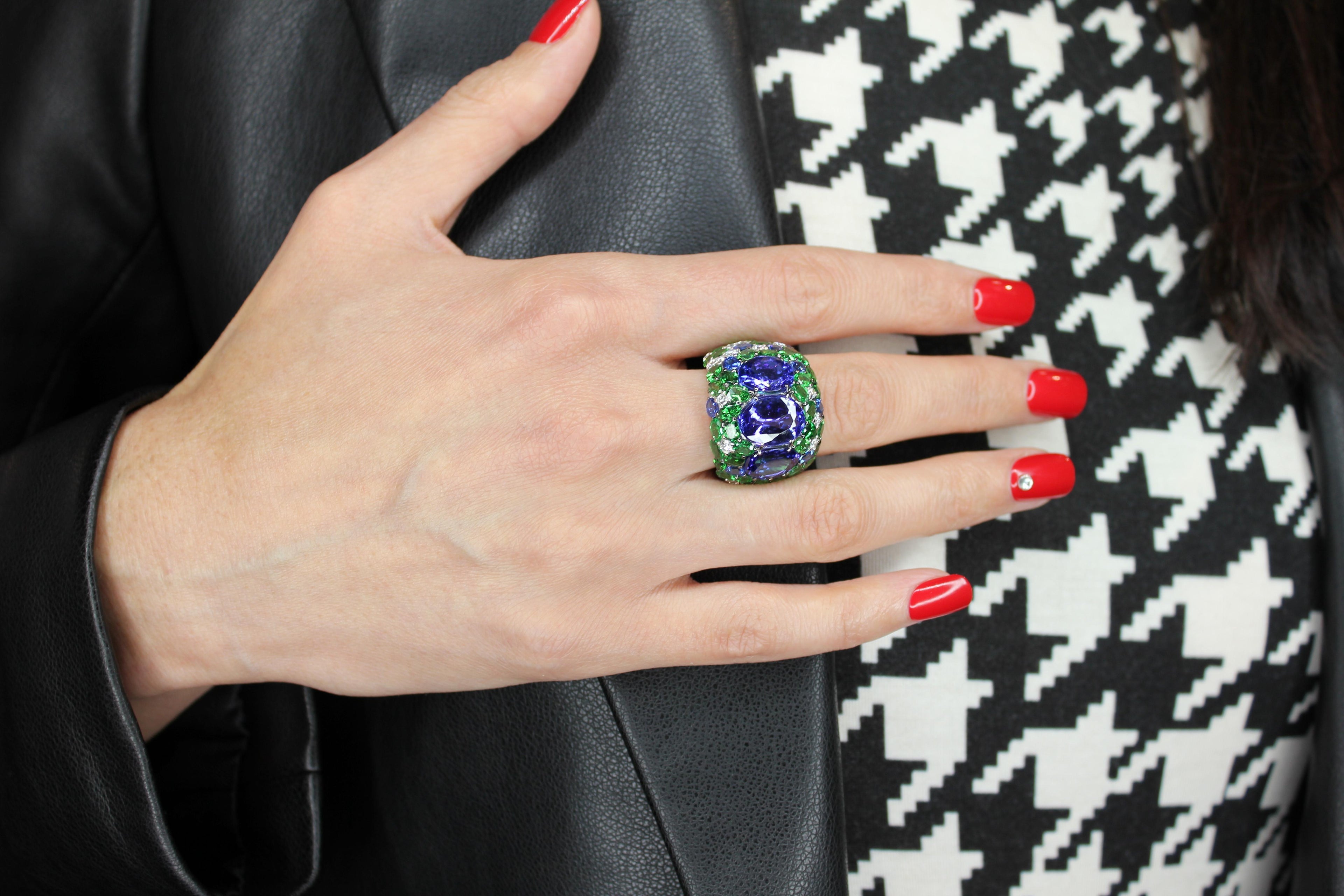 Blue Oval Tanzanite Tsavorite Diamond Pave Sapphire Dome 18K White Gold Ring
