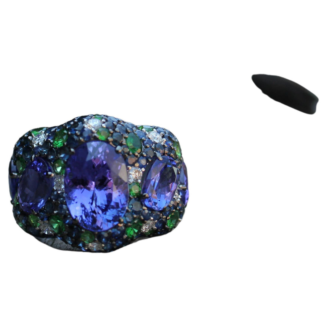 Blue Oval Tanzanite Tsavorite Diamond Pave Sapphire Dome 18K White Gold Ring