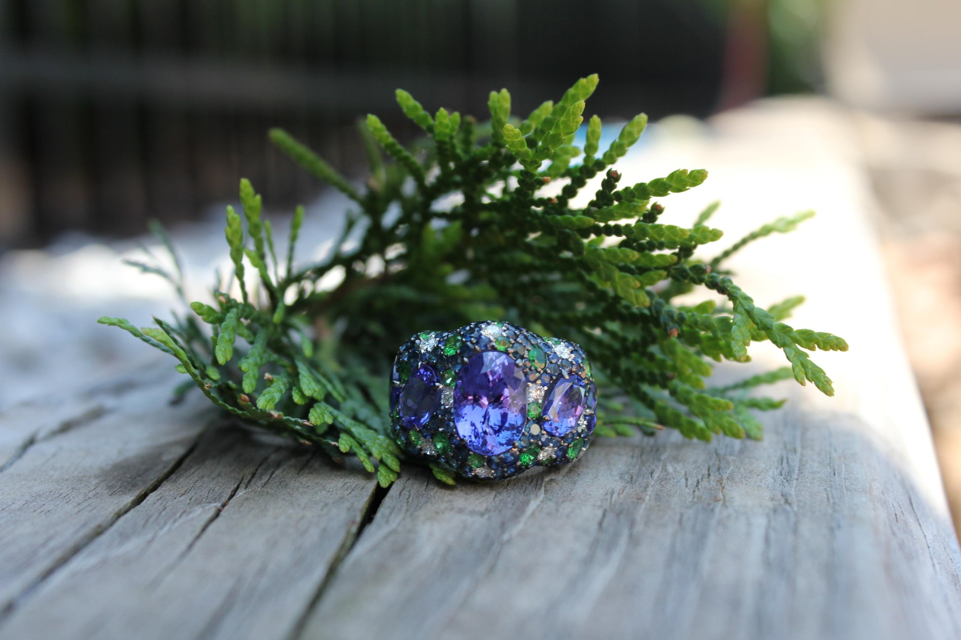 Blue Oval Tanzanite Tsavorite Diamond Pave Sapphire Dome 18K White Gold Ring