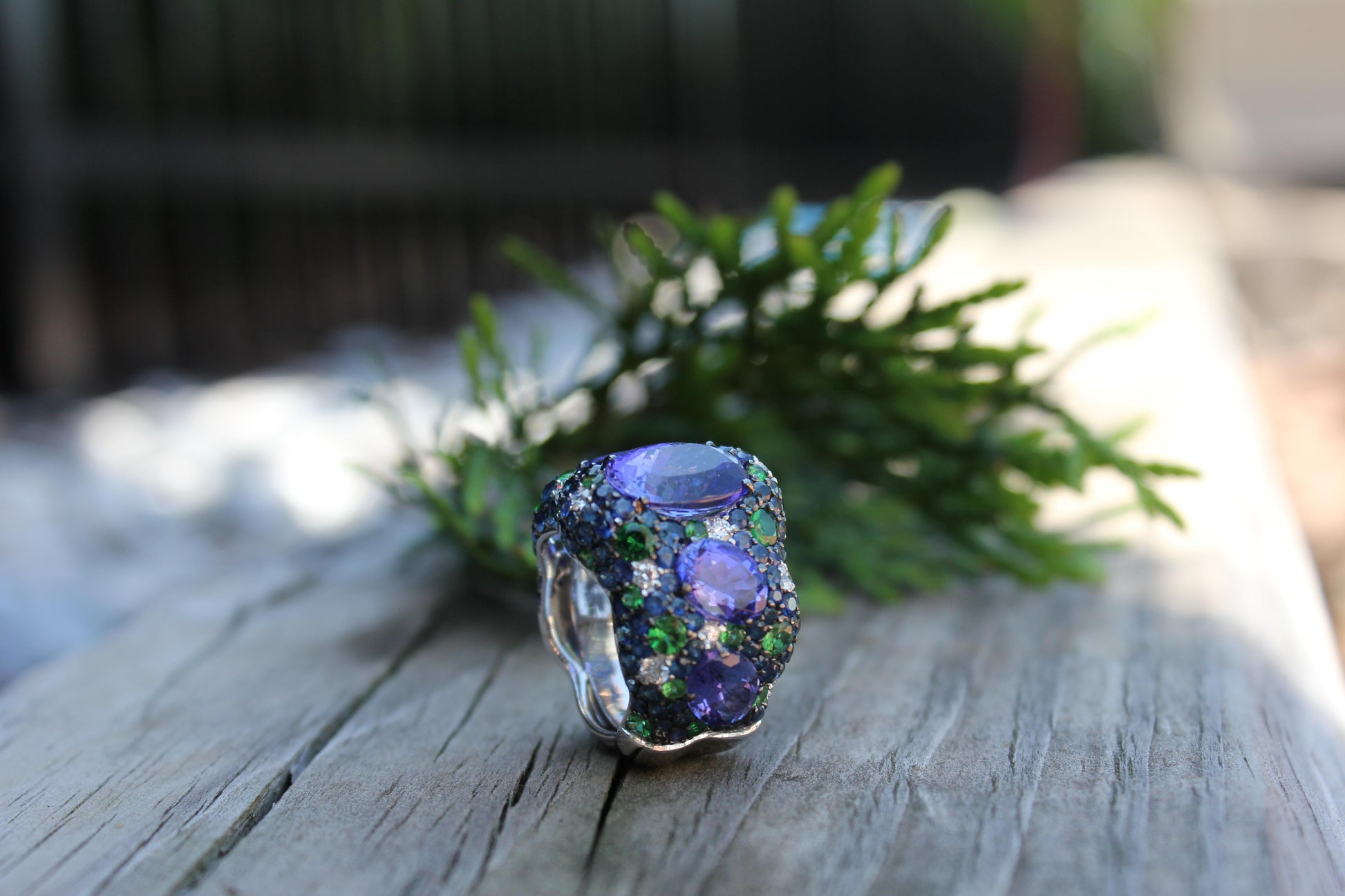 Blue Oval Tanzanite Tsavorite Diamond Pave Sapphire Dome 18K White Gold Ring