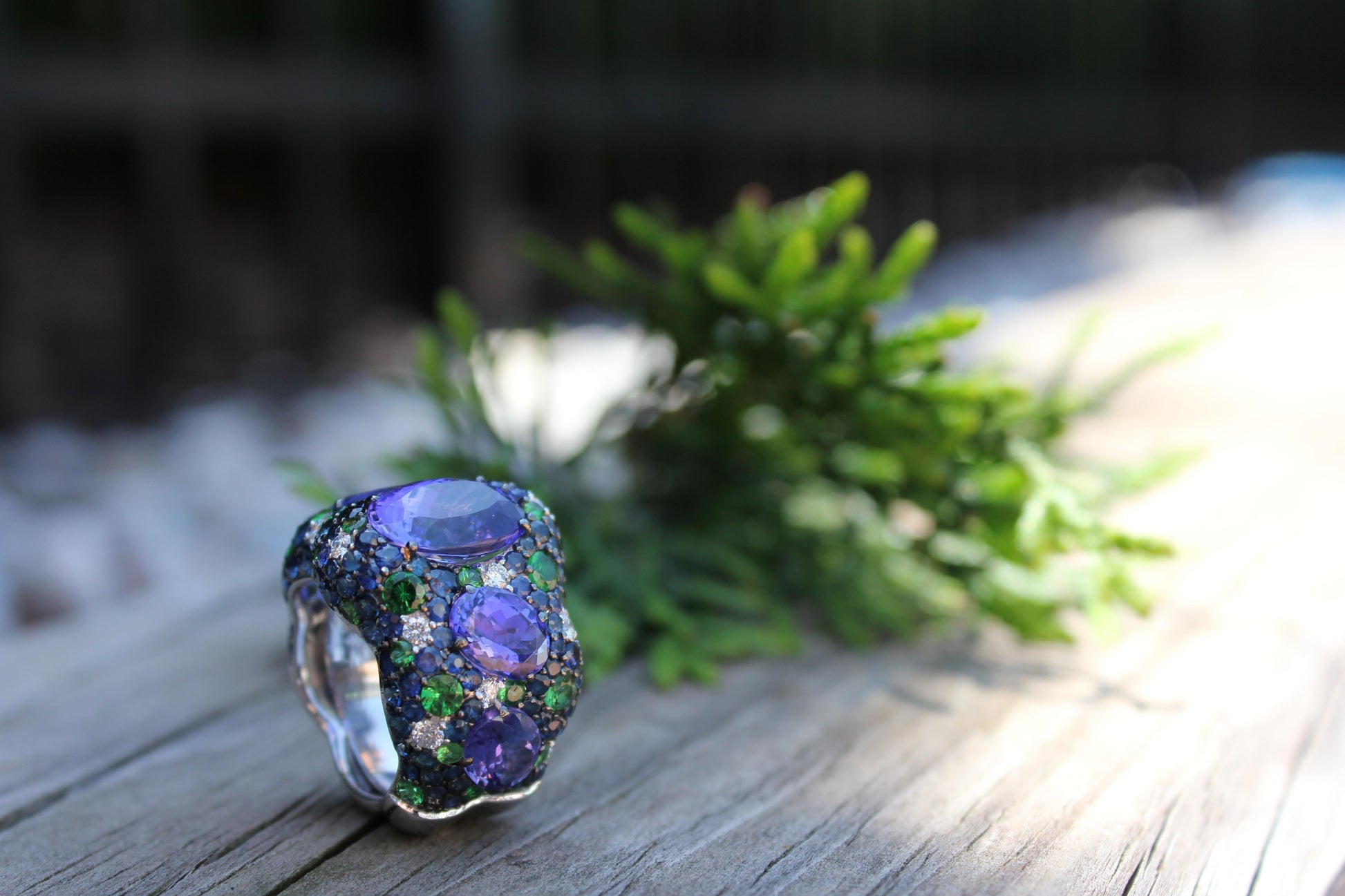 Blue Oval Tanzanite Tsavorite Diamond Pave Sapphire Dome 18K White Gold Ring