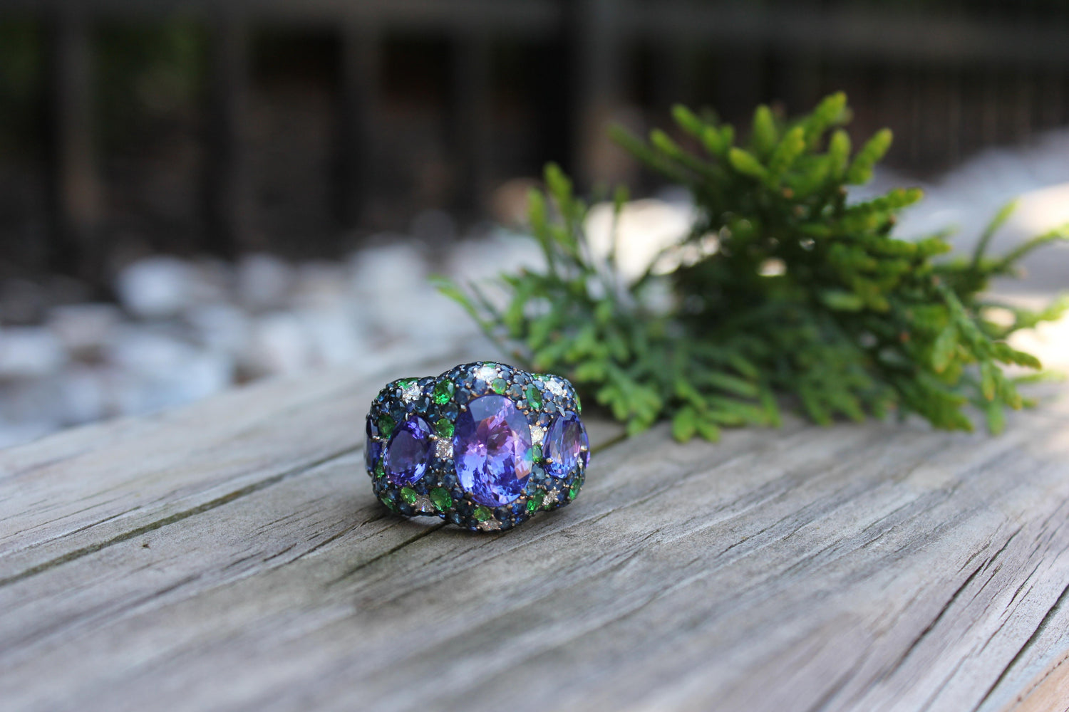 Blue Oval Tanzanite Tsavorite Diamond Pave Sapphire Dome 18K White Gold Ring