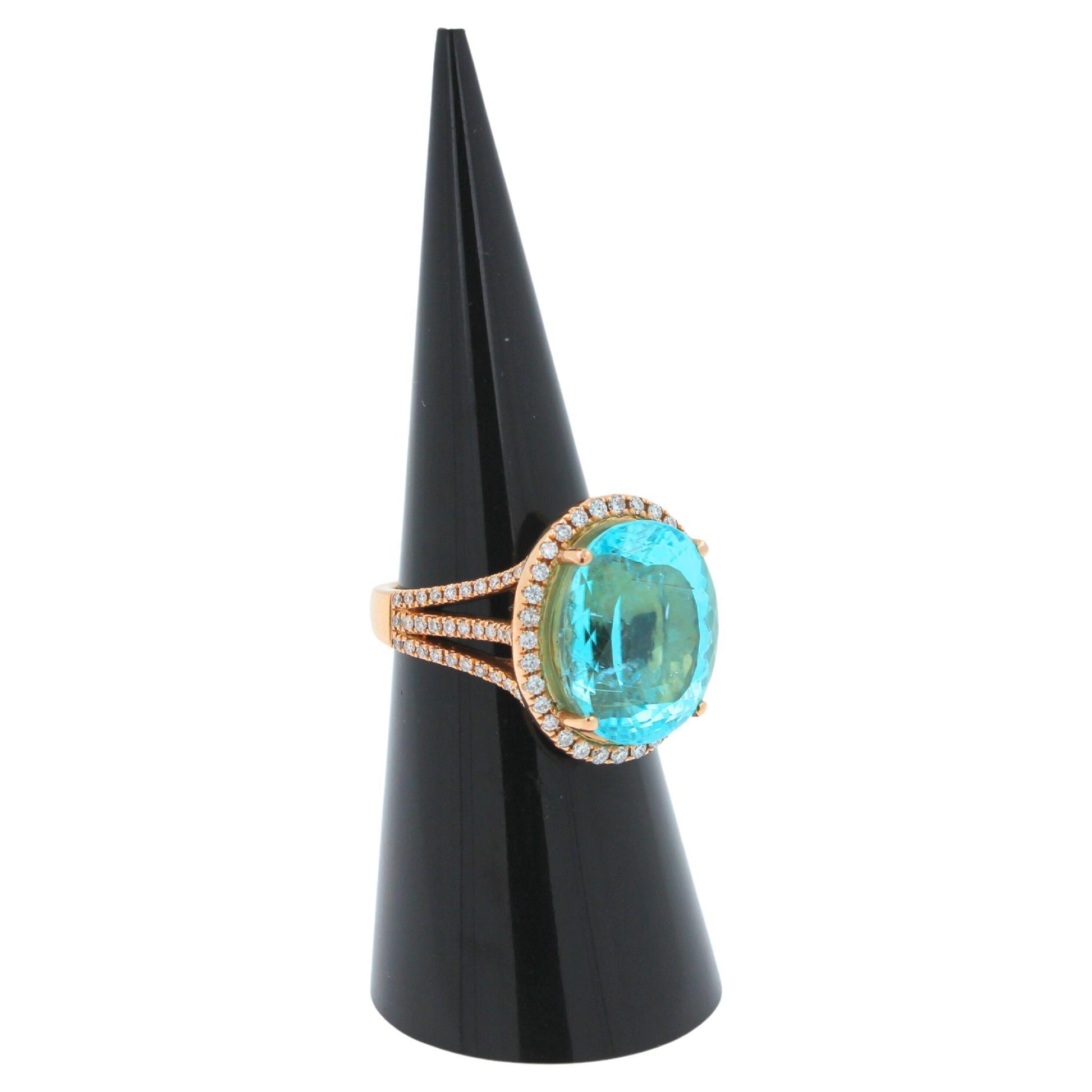 Blue Paraiba Tourmaline Diamond Halo Classic Simple Solitaire 18 Karat Gold Ring