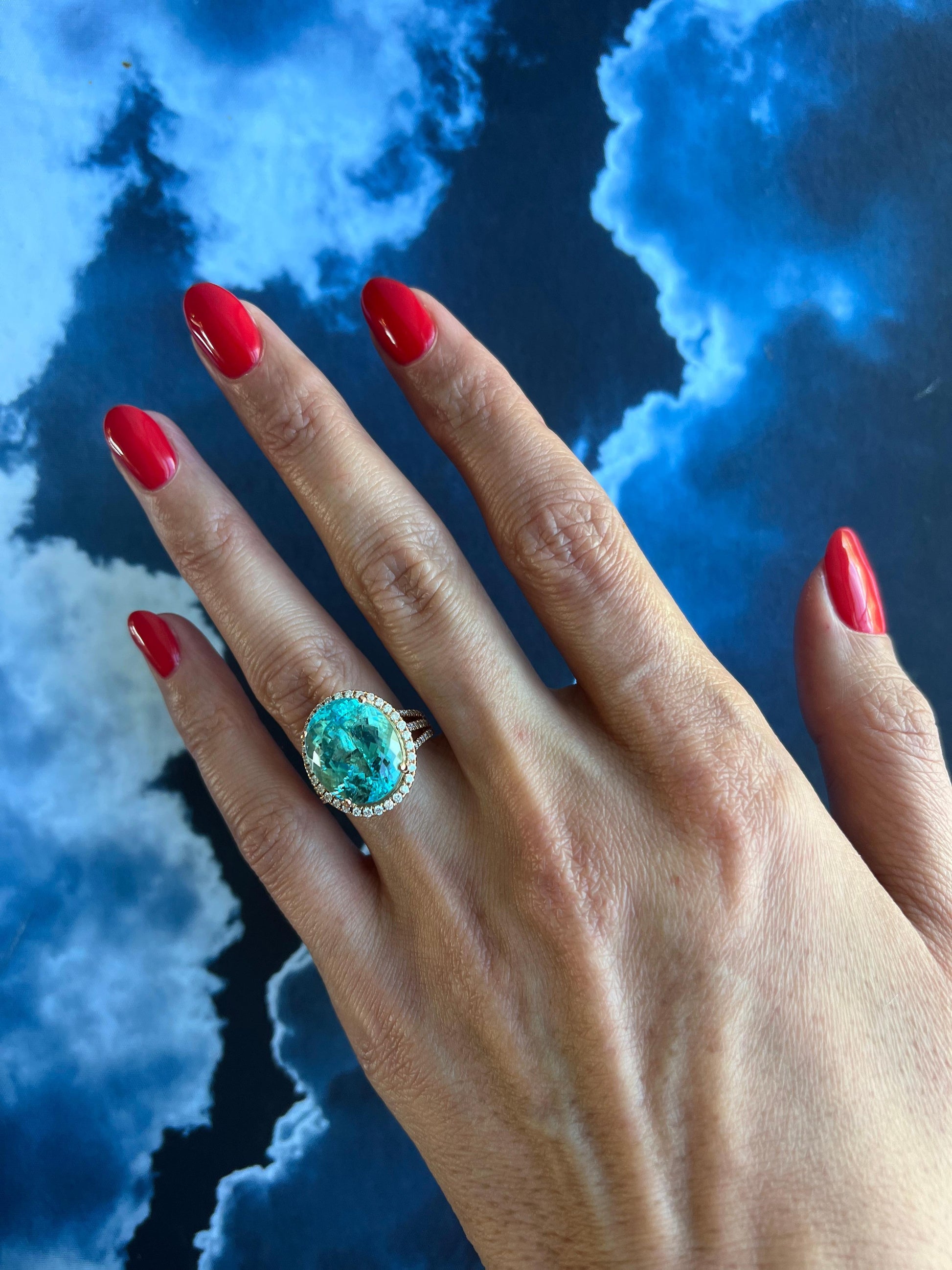 Blue Paraiba Tourmaline Diamond Halo Classic Simple Solitaire 18 Karat Gold Ring