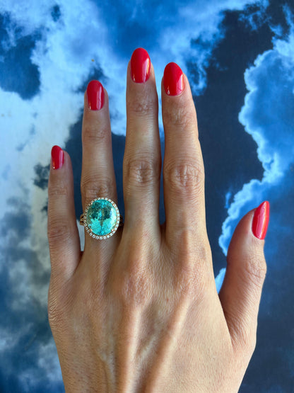 Blue Paraiba Tourmaline Diamond Halo Classic Simple Solitaire 18 Karat Gold Ring