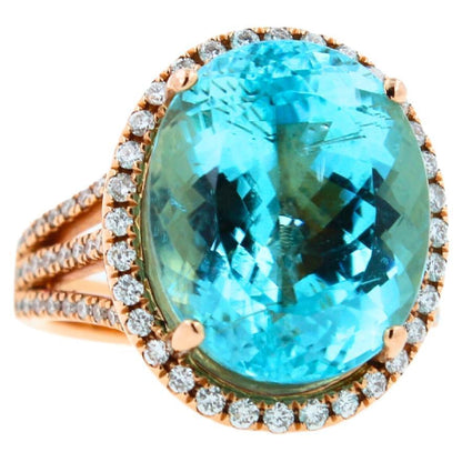 Blue Paraiba Tourmaline Diamond Halo Classic Simple Solitaire 18 Karat Gold Ring