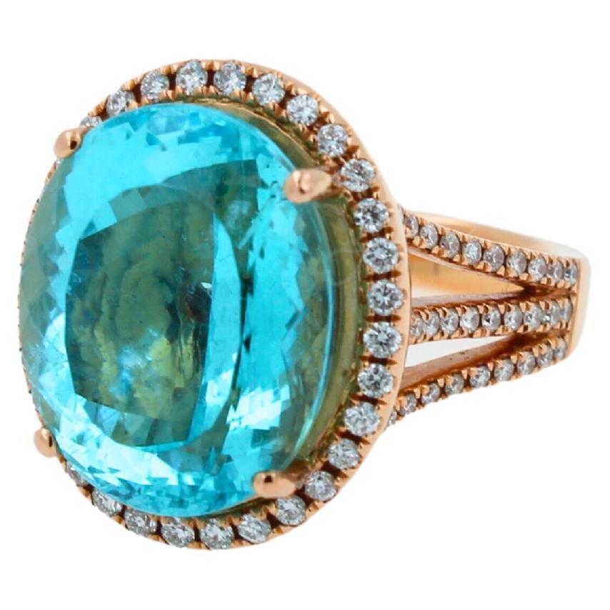 Blue Paraiba Tourmaline Diamond Halo Classic Simple Solitaire 18 Karat Gold Ring
