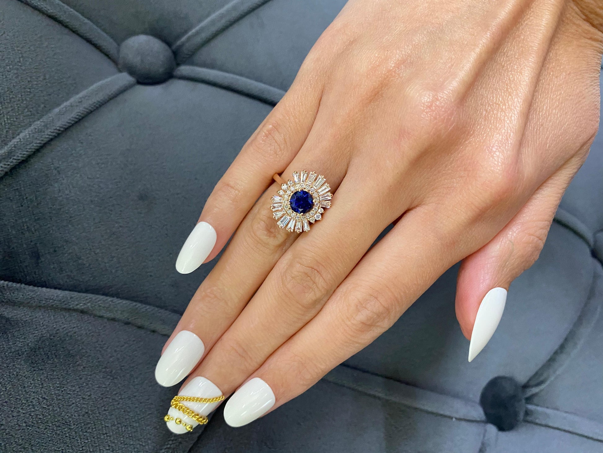 Blue Round Sapphire Baguette Diamond Halo Sun Ray 18k Rose Gold Art Deco Ring