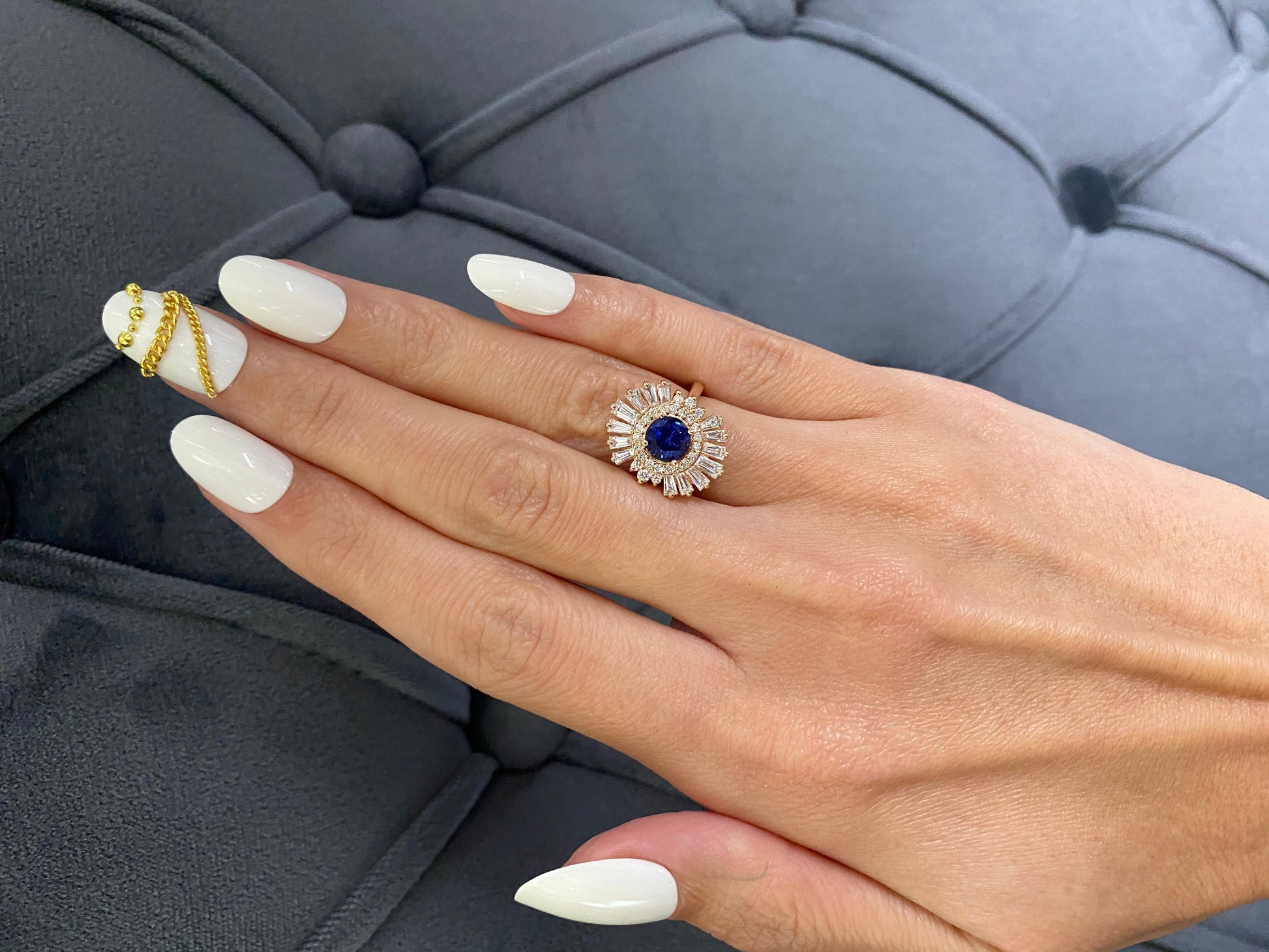 Blue Round Sapphire Baguette Diamond Halo Sun Ray 18k Rose Gold Art Deco Ring