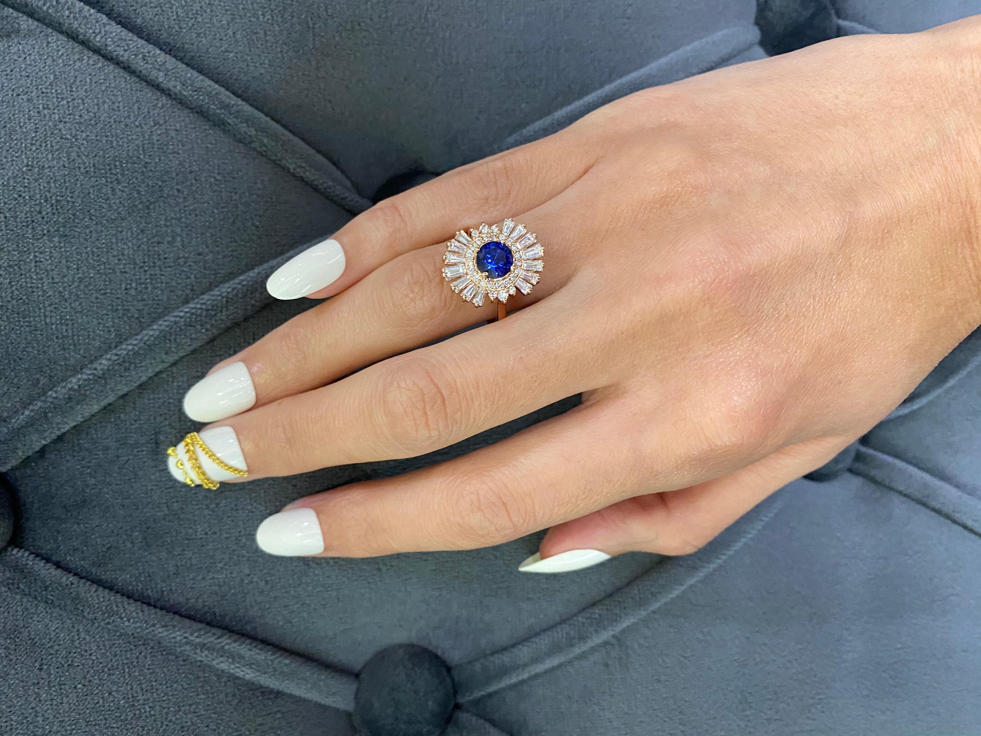 Blue Round Sapphire Baguette Diamond Halo Sun Ray 18k Rose Gold Art Deco Ring