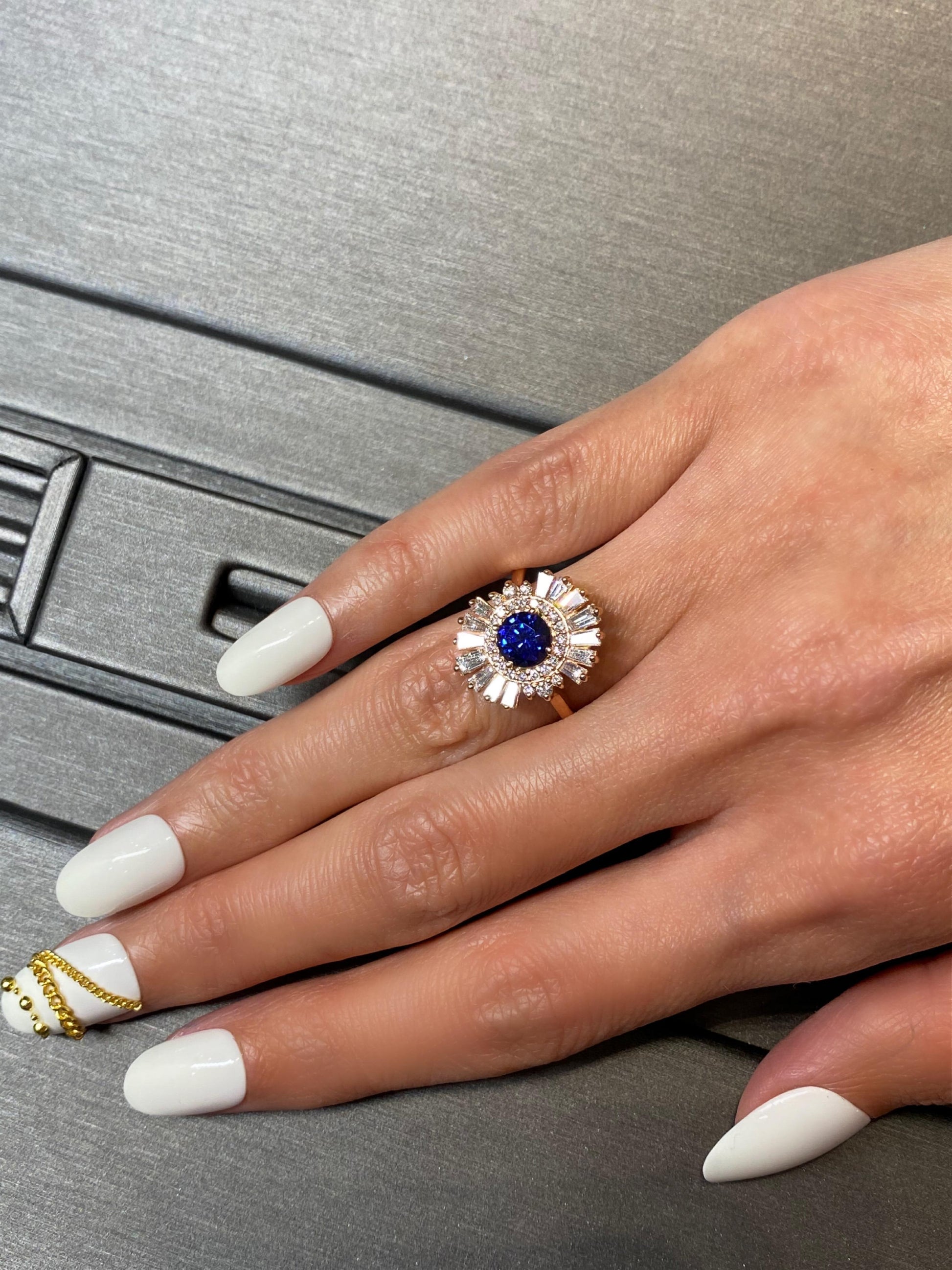 Blue Round Sapphire Baguette Diamond Halo Sun Ray 18k Rose Gold Art Deco Ring