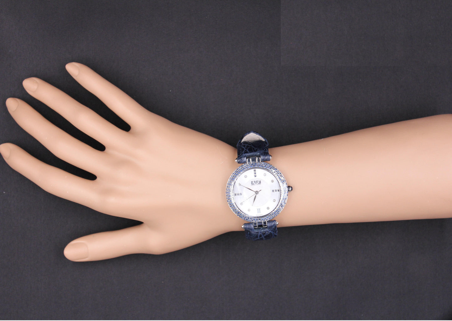 blue sapphire & diamond pave dial luxury swiss quartz exotic leather band watch