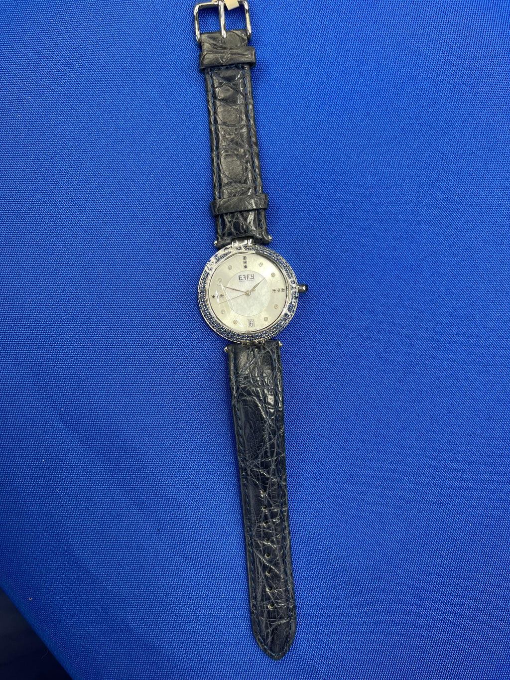 Blue Sapphire & Diamond Pave Dial Luxury Swiss Quartz Exotic Leather Band Watch