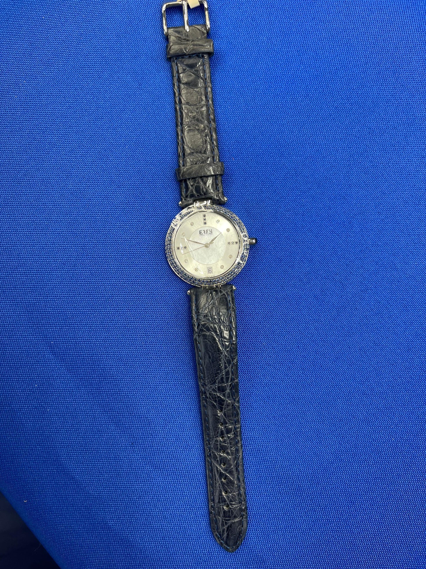 blue sapphire & diamond pave dial luxury swiss quartz exotic leather band watch
