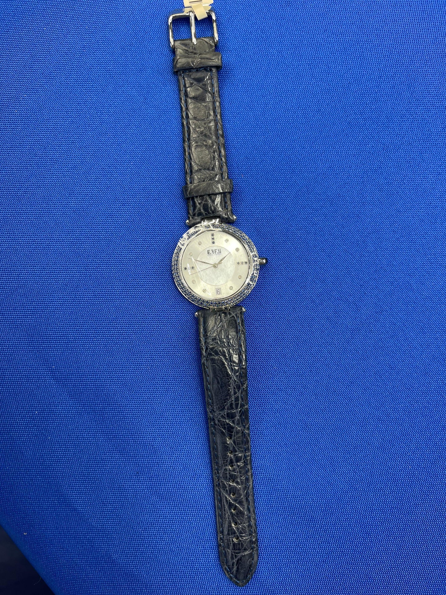 blue sapphire & diamond pave dial luxury swiss quartz exotic leather band watch