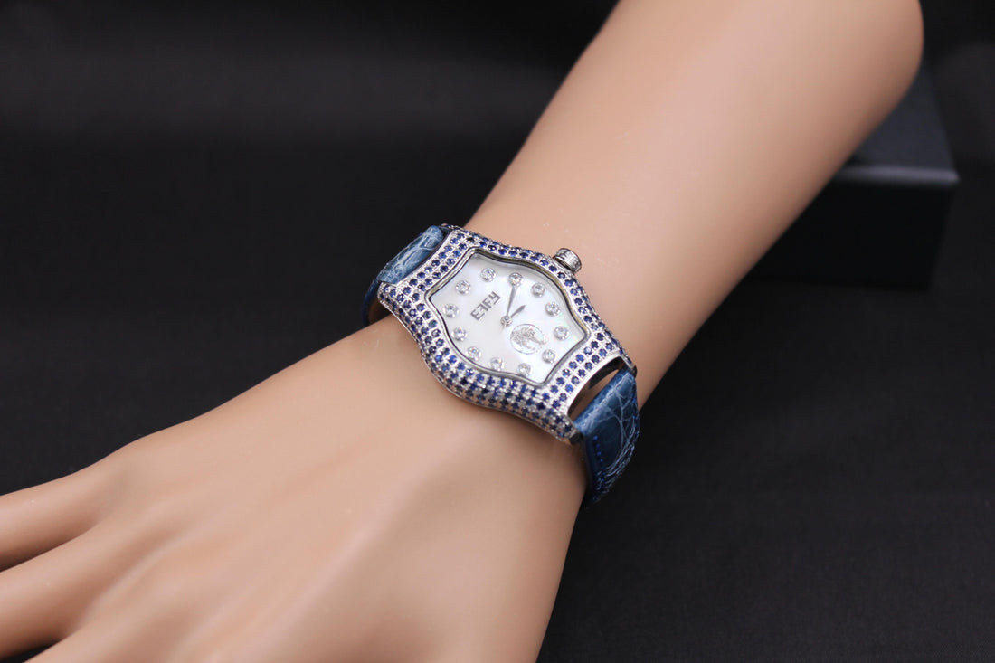 Blue Sapphire &amp; Diamonds Pave Dial Luxury Swiss Quartz Exotic Leather Band Watch