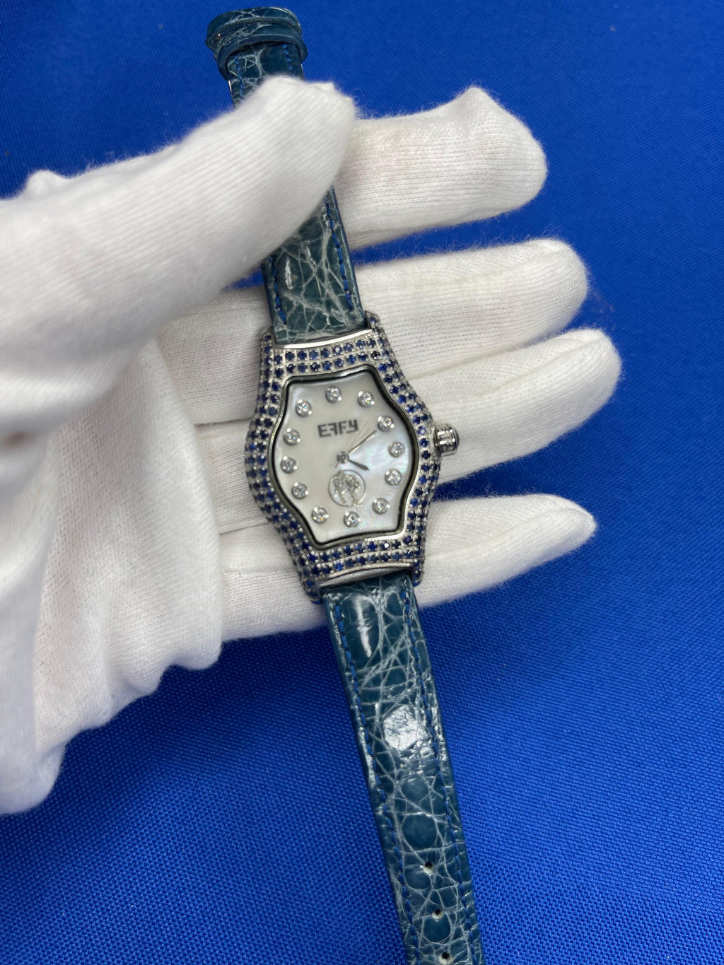 Blue Sapphire & Diamonds Pave Dial Luxury Swiss Quartz Exotic Leather Band Watch