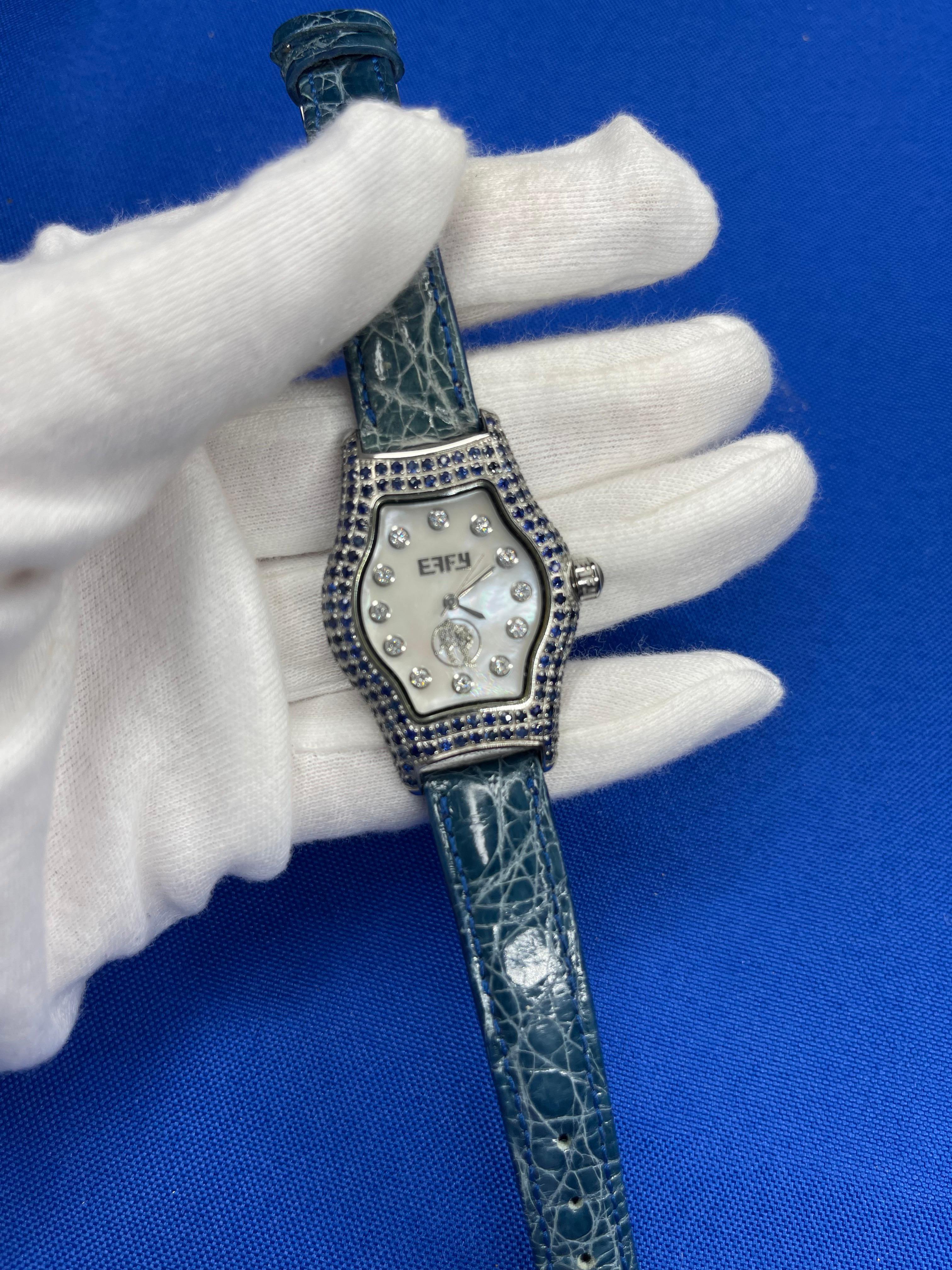 Blue Sapphire &amp; Diamonds Pave Dial Luxury Swiss Quartz Exotic Leather Band Watch