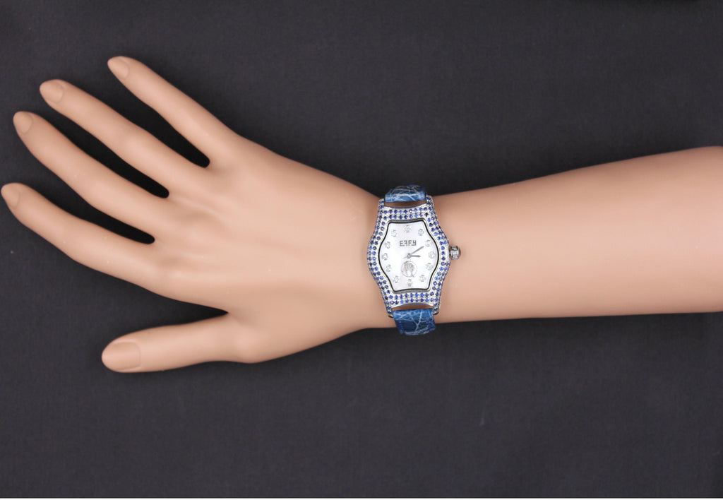Blue Sapphire & Diamonds Pave Dial Luxury Swiss Quartz Exotic Leather Band Watch