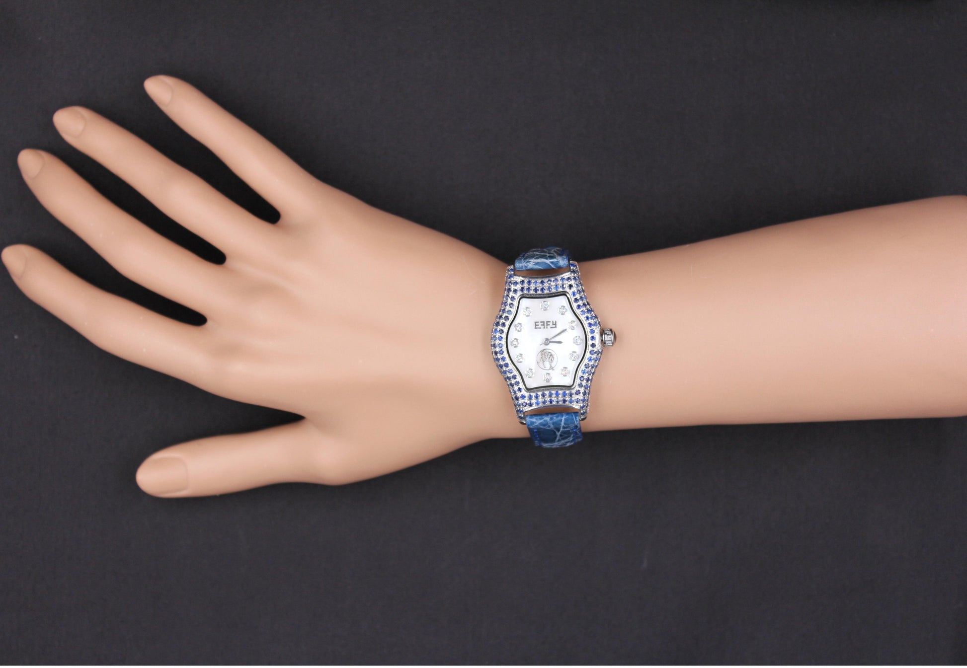 Blue Sapphire & Diamonds Pave Dial Luxury Swiss Quartz Exotic Leather Band Watch