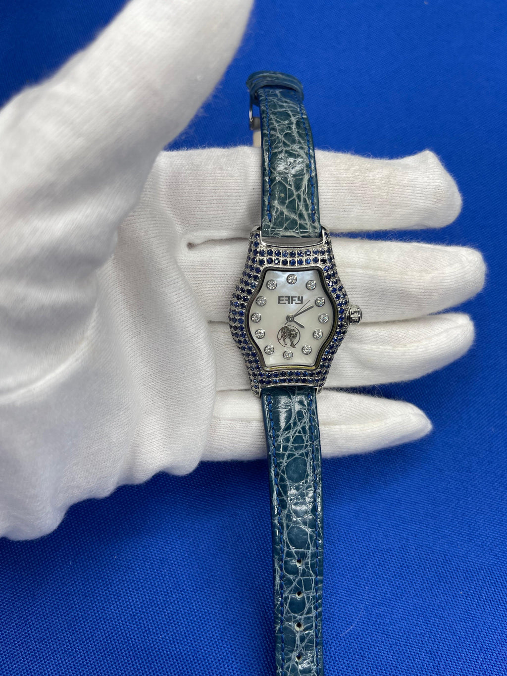 Blue Sapphire & Diamonds Pave Dial Luxury Swiss Quartz Exotic Leather Band Watch